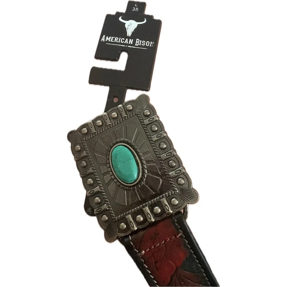 American Bison Womens Brown Leather Tooled Floral Belt Turquoise Antique Buckle